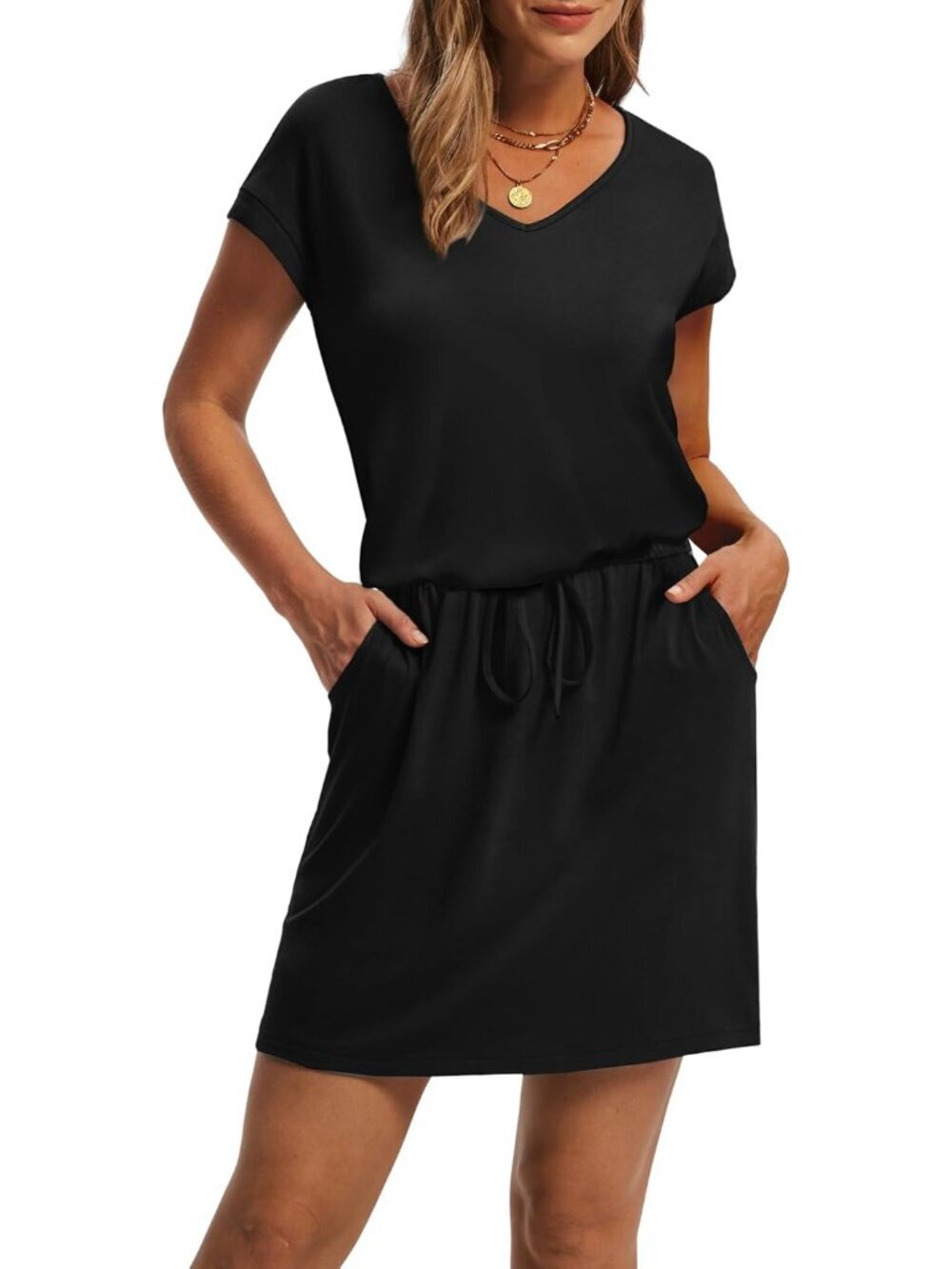 Summer Dresses for Women 2026 V Neck T Shirt Casual Mini Dresses Tie Waist Sundr - Picture 3 of 5